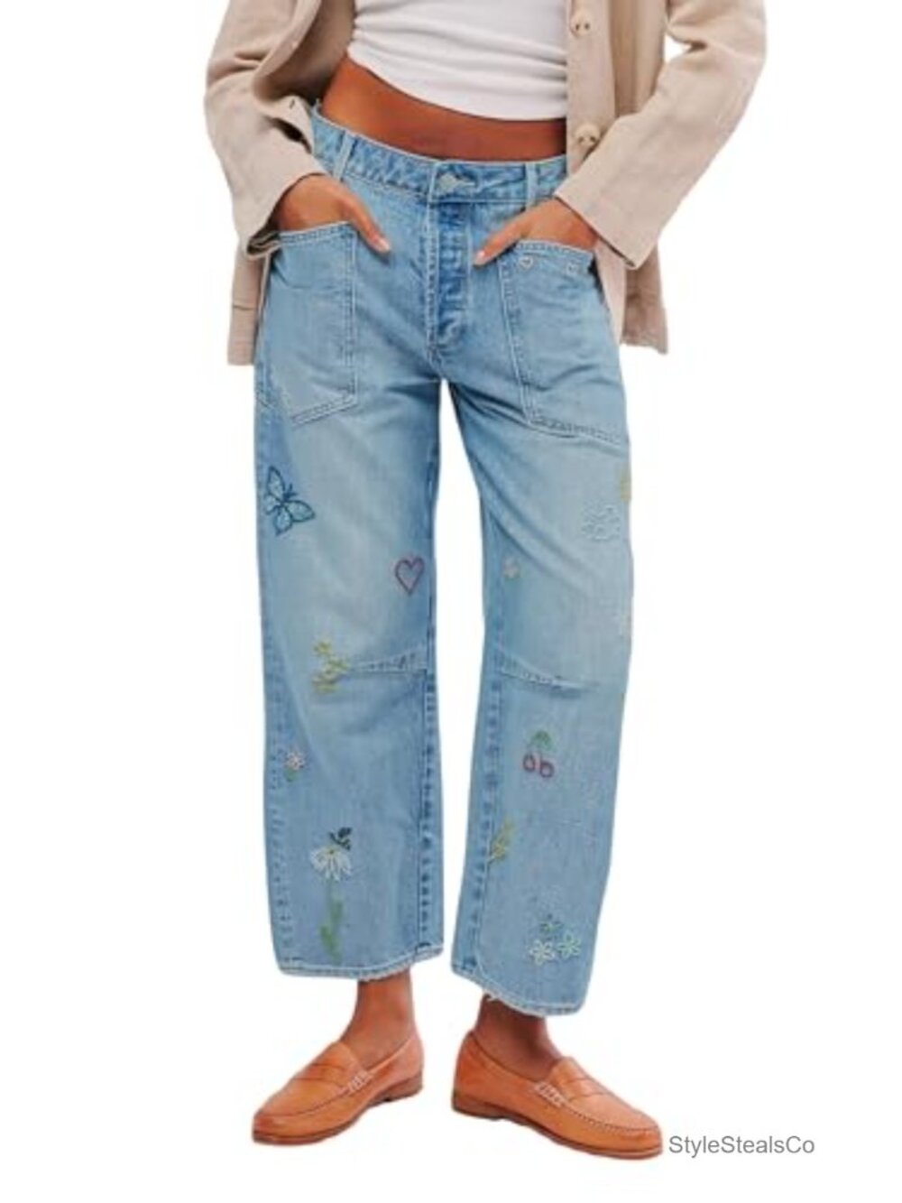 Embroidered Barrel Jeans High Rise Wide Leg Stretchy Denim Boyfriend Trousers